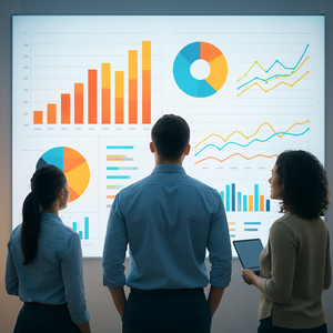 Drei Personen betrachten in einem modernen, hellen Büro ein großes, leuchtendes Daten-Dashboard mit farbenfrohen Diagrammen und Grafiken in Blau-, Orange- und Gelbtönen.