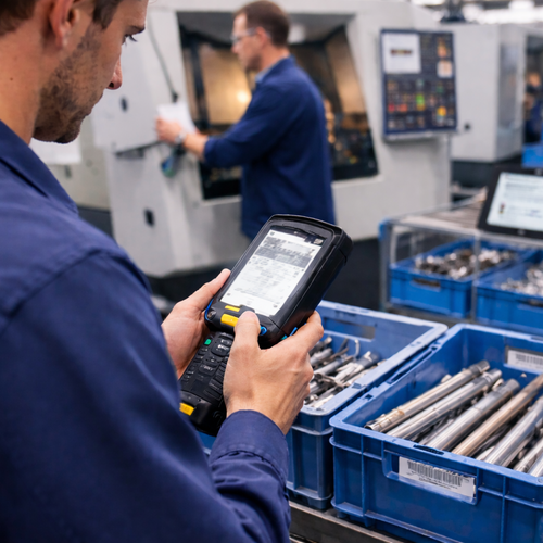 Mitarbeiter erfasst Fertigungsdaten mobil in der Produktion