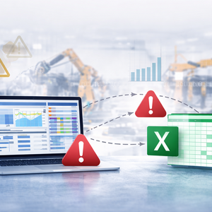 Schemenhafte Darstellung einer Produktionsplanung mit Laptop, Diagrammen und Warnsymbolen vor einer unscharfen Industrieumgebung.
