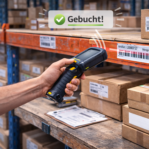 Hand mit Scanner im Lager vor Regalen mit Kartons und Buchungsbestätigung