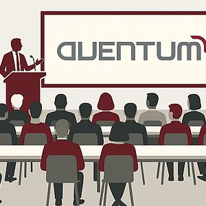 Illustration einer Konferenzszene beim AVENTUM Kundentag Herbst 2025 in Dortmund: Redner am Pult, Publikum in parlamentarischer Anordnung, mit Akzenten in AVENTUM-Rot