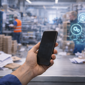 Mobiles Arbeiten in der Fertigung mit Smartphone vor chaotischem Lager