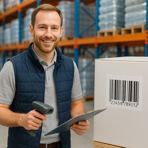 Freundlich lächelnder Mitarbeiter in einem modernen Lager der Kunststoffindustrie, hält einen Barcode-Scanner und eine Checkliste in der Hand. Im Vordergrund ist ein Karton mit sichtbarem Barcode zu sehen, im Hintergrund sauber gestapelte Kunststoffprodukte auf Regalen.