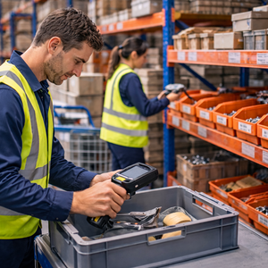 Lagermitarbeiter kommissionieren Waren mit Scanner im Regal