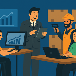 Illustration von vier Personen in der Materialwirtschaft