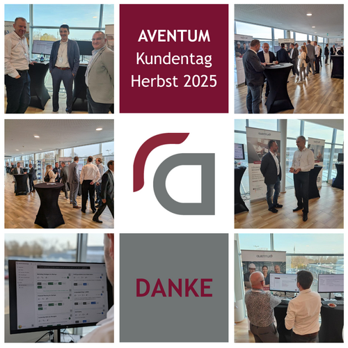Collage mit Impressionen des AVENTUM Kundentags Herbst 2025 in Dortmund: Teilnehmende im Gespräch, Messestände, Live-Demos und Networking im Kongresszentrum.