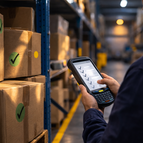 Mitarbeiter führt digitale Inventur mit Scanner im Lager durch